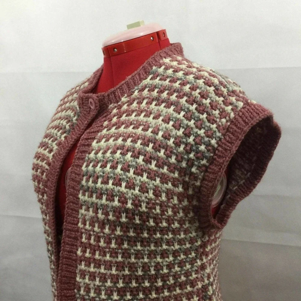 Handmade Open Front Vest Pink White Chunky Knit Sleeveless Cardigan Women Sz S